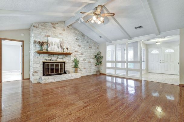Empty room, Fireplace, Interior, Stone Walls, Wood Texture Flooring