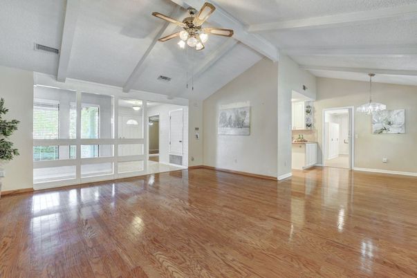 Empty room, Interior, Pendant Lights, Wood Texture Flooring