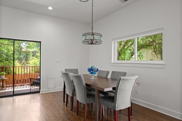 Dining room, Interior, Pendant Lights, Recessed Lighting, Wood Texture Flooring