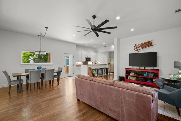 Dining room, Interior, Kitchen, Living room, Pendant Lights, Recessed Lighting, Wood Texture Flooring