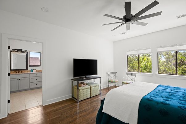 Bedroom, Interior, Recessed Lighting, Wood Texture Flooring