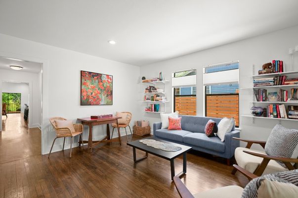 Dining room, Interior, Living room, Recessed Lighting, Wood Texture Flooring