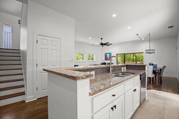 Dining room, Interior, Kitchen, Pendant Lights, Recessed Lighting, Wood Texture Flooring