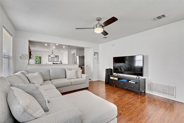 Interior, Kitchen, Living room, Recessed Lighting, Stainless Steel Appliances, Wood Texture Flooring
