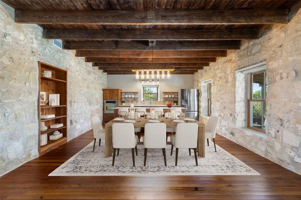 Dining room, Interior, Kitchen, Pendant Lights, Stone Walls, Wooden Beams, Wooden Ceilings, Wood Texture Flooring