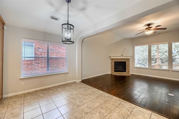 Empty room, Fireplace, Interior, Pendant Lights, Wood Texture Flooring