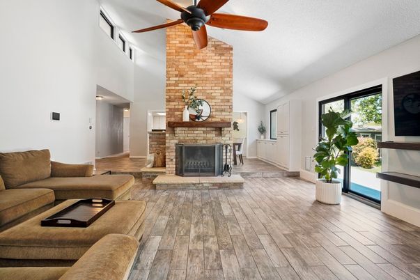 Fireplace, Interior, Living room, Stone Walls, Wood Texture Flooring