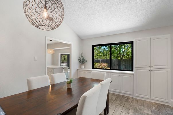 Dining room, Interior, Pendant Lights, Wood Texture Flooring