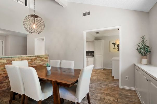 Dining room, Interior, Pendant Lights, Wood Texture Flooring