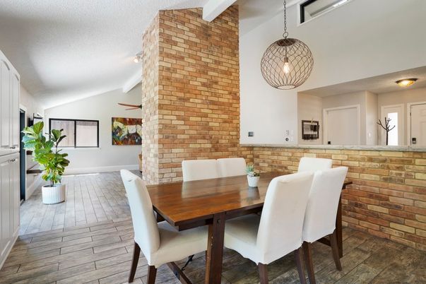 Dining room, Interior, Pendant Lights, Stone Walls, Wood Texture Flooring