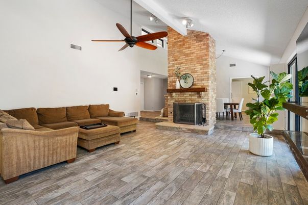 Dining room, Fireplace, Interior, Living room, Stone Walls, Wood Texture Flooring