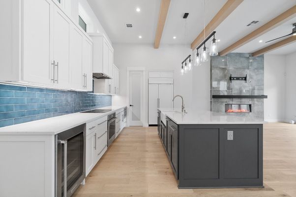 Interior, Kitchen, Pendant Lights, Recessed Lighting, Stainless Steel Appliances, Wooden Beams, Wood Texture Flooring