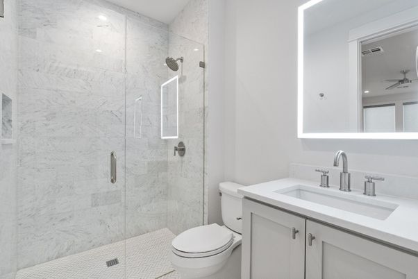 Bathroom, Glass Shower, Interior, Marble Walls, Recessed Lighting