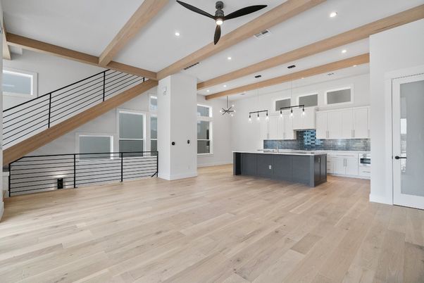 Interior, Kitchen, Pendant Lights, Recessed Lighting, Wooden Beams, Wood Texture Flooring