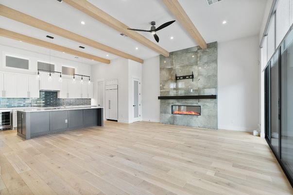 Empty room, Fireplace, Interior, Kitchen, Pendant Lights, Recessed Lighting, Stone Walls, Wooden Beams, Wood Texture Flooring