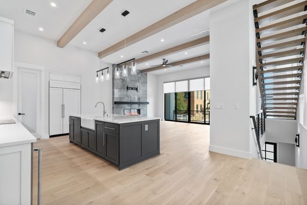 Interior, Kitchen, Pendant Lights, Recessed Lighting, Wooden Beams, Wood Texture Flooring