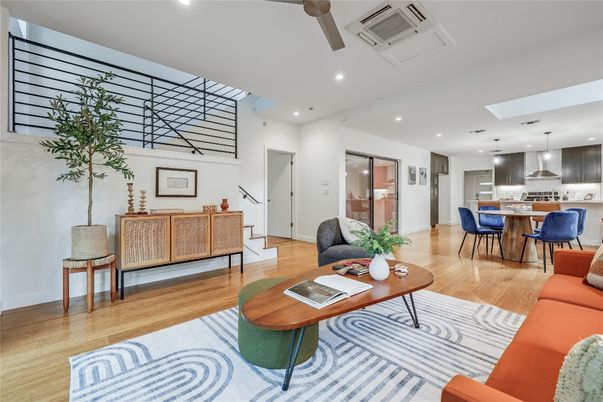 Dining room, Interior, Kitchen, Living room, Pendant Lights, Recessed Lighting, Stainless Steel Appliances, Wood Texture Flooring