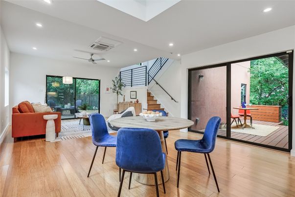 Dining room, Interior, Living room, Recessed Lighting, Wood Texture Flooring
