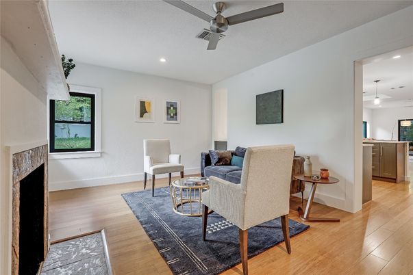 Fireplace, Interior, Living room, Pendant Lights, Recessed Lighting, Wood Texture Flooring