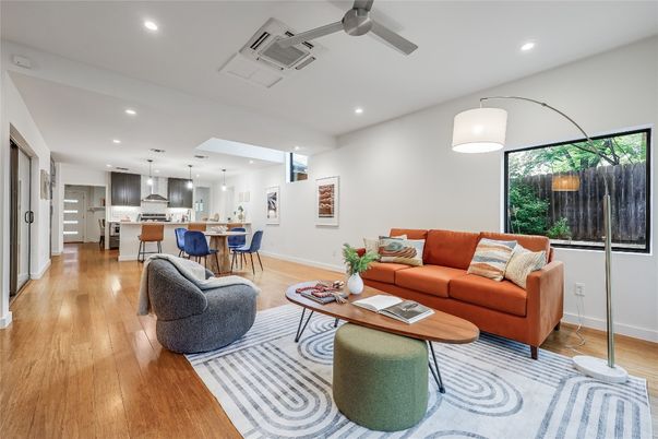 Dining room, Interior, Kitchen, Living room, Pendant Lights, Recessed Lighting, Stainless Steel Appliances, Wood Texture Flooring