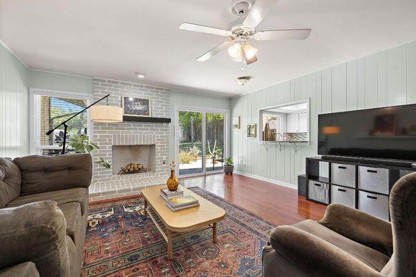 Fireplace, Interior, Living room, Recessed Lighting, Wood Texture Flooring