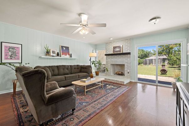 Fireplace, Interior, Living room, Stone Walls, Wood Texture Flooring