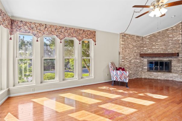 Empty room, Fireplace, Interior, Stone Walls, Wood Texture Flooring