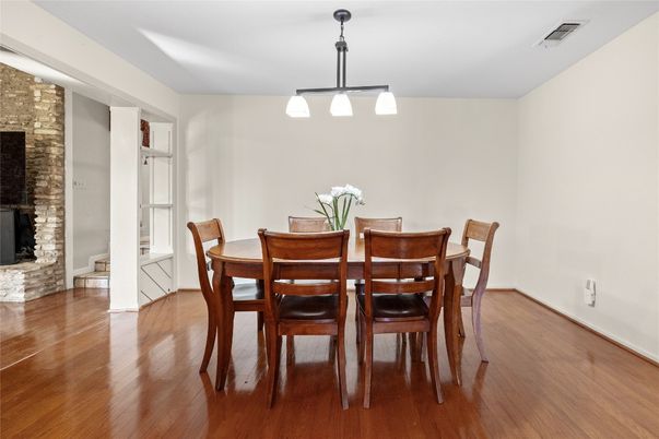Dining room, Interior, Pendant Lights, Stone Walls, Wood Texture Flooring