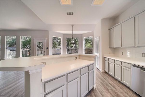 Interior, Kitchen, Pendant Lights, Wood Texture Flooring