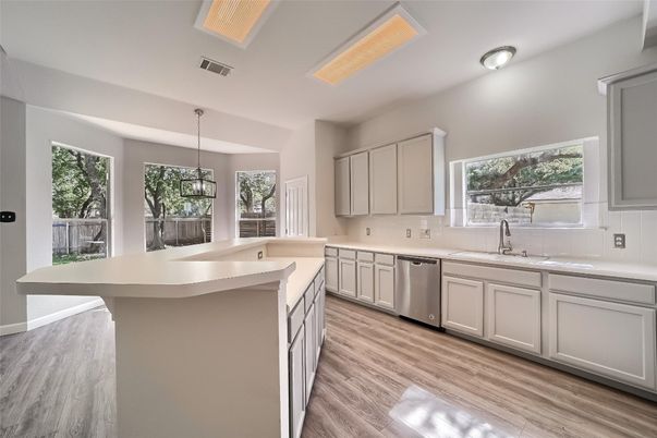 Interior, Kitchen, Pendant Lights, Wood Texture Flooring