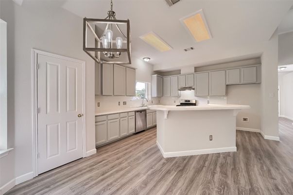 Interior, Kitchen, Pendant Lights, Stainless Steel Appliances, Wood Texture Flooring
