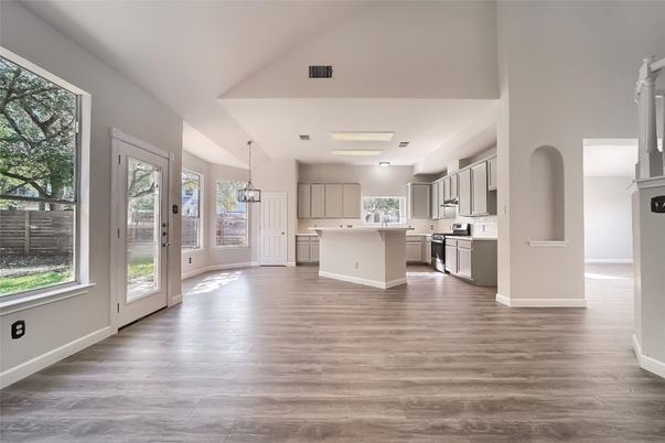 Interior, Kitchen, Pendant Lights, Wood Texture Flooring