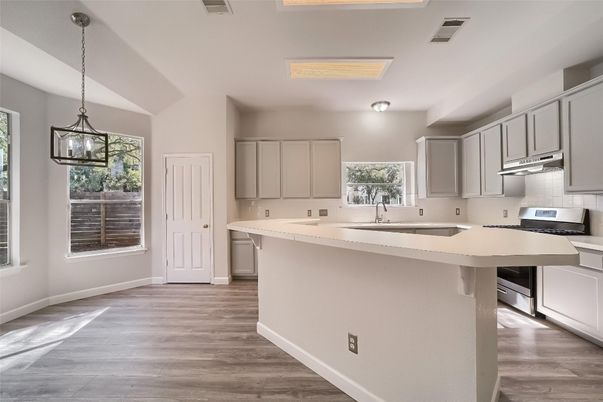 Interior, Kitchen, Pendant Lights, Wood Texture Flooring