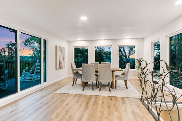 Dining room, Interior, Recessed Lighting, Wood Texture Flooring