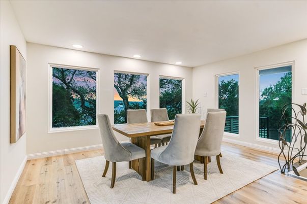 Dining room, Interior, Recessed Lighting, Wood Texture Flooring