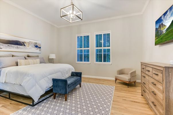 Bedroom, Interior, Pendant Lights, Wood Texture Flooring