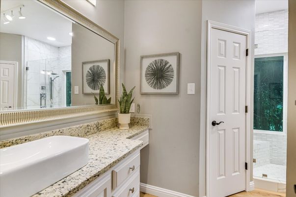 Bathroom, Glass Shower, Interior, Recessed Lighting, Wood Texture Flooring