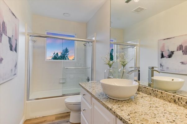 Bathroom, Dual Sink Vanities, Glass Shower, Interior, Wood Texture Flooring