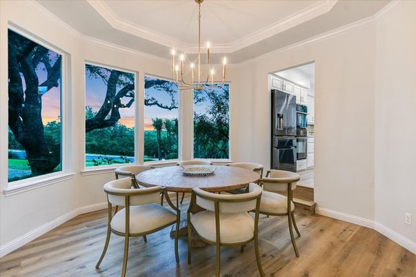 Dining room, Interior, Pendant Lights, Wood Texture Flooring