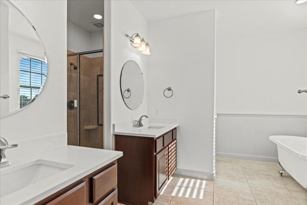 Bathroom, Dual Sink Vanities, Glass Shower, Interior, Recessed Lighting