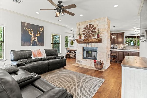 Dining room, Fireplace, Interior, Kitchen, Living room, Pendant Lights, Recessed Lighting, Stone Walls, Wood Texture Flooring