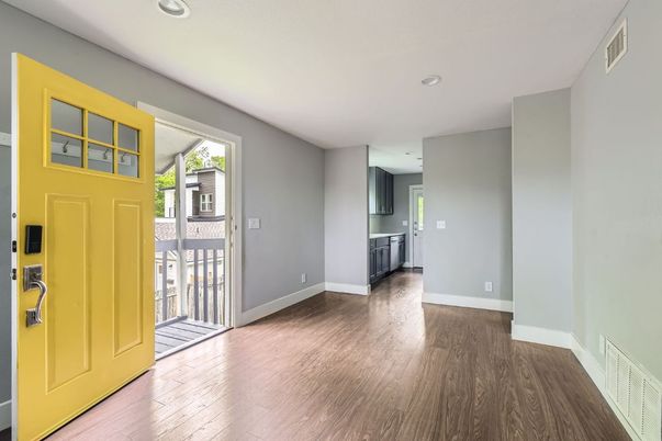 Empty room, Interior, Kitchen, Recessed Lighting, Wood Texture Flooring