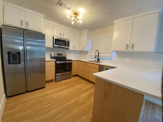 Interior, Kitchen, Stainless Steel Appliances, Wood Texture Flooring