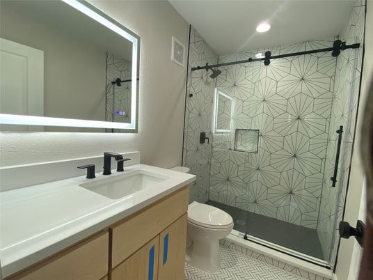 Bathroom, Glass Shower, Interior, Recessed Lighting