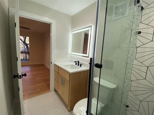 Bathroom, Glass Shower, Interior, Wood Texture Flooring