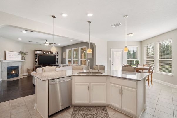 Dining room, Fireplace, Interior, Kitchen, Living room, Pendant Lights, Recessed Lighting