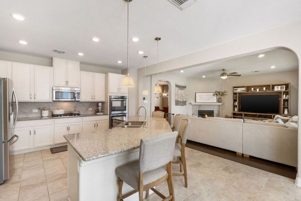 Dining room, Fireplace, Interior, Kitchen, Living room, Pendant Lights, Recessed Lighting, Stainless Steel Appliances