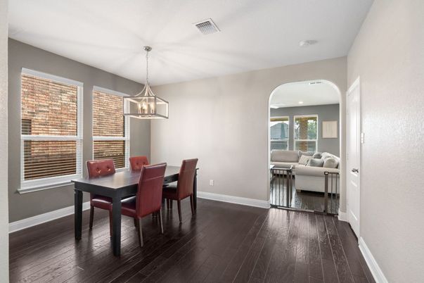Dining room, Interior, Living room, Pendant Lights, Recessed Lighting, Wood Texture Flooring