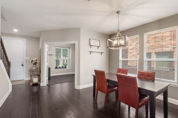 Dining room, Interior, Pendant Lights, Recessed Lighting, Wood Texture Flooring