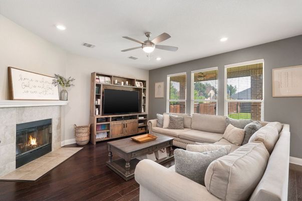 Fireplace, Interior, Living room, Recessed Lighting, Wood Texture Flooring